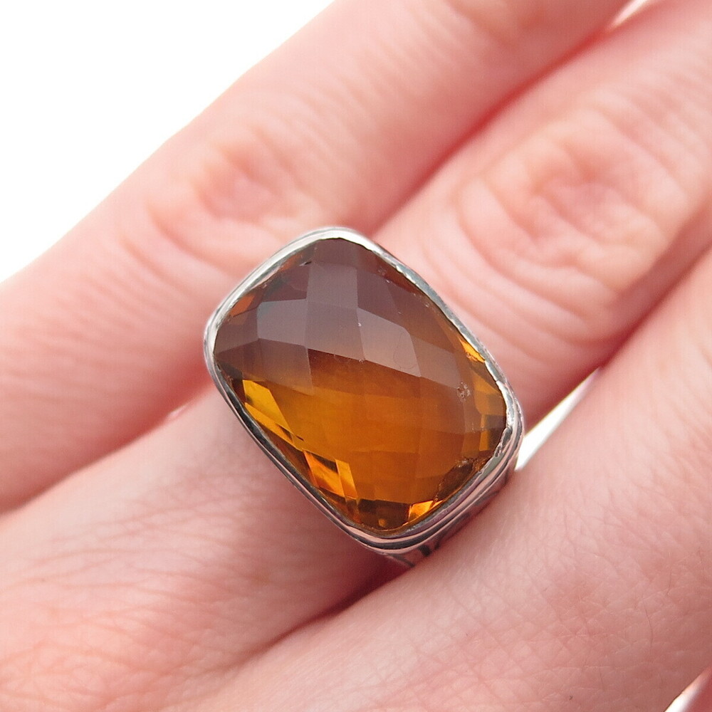 925 Sterling Silver Vintage Real Citrine Ornate Oxidized Ring Size 5.75